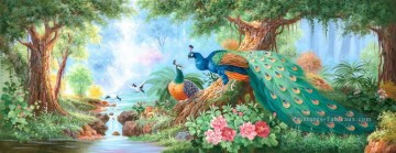 Animaux œuvres - Paons en fleur forêt fleurs arbres 0 941 oiseaux
